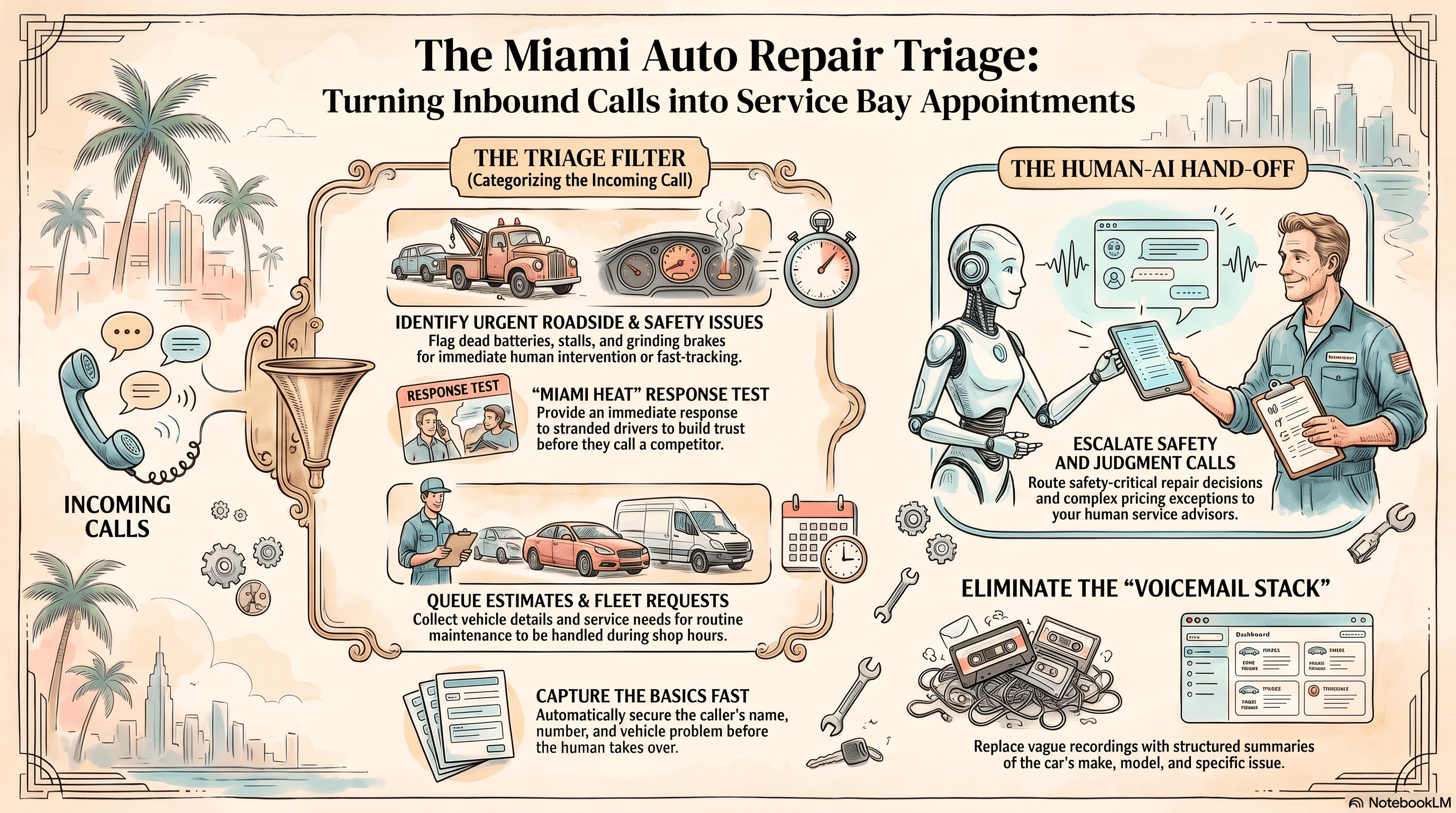 Miami auto repair shop routing tow calls, brake warnings, and estimate requests