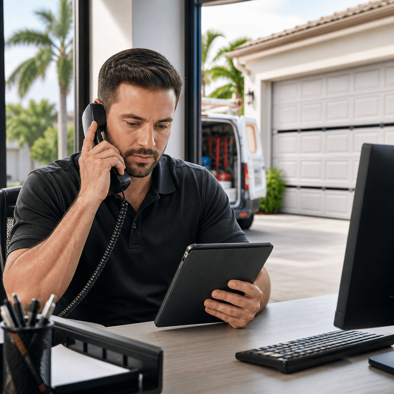 Miami garage door service professional routing an emergency repair call