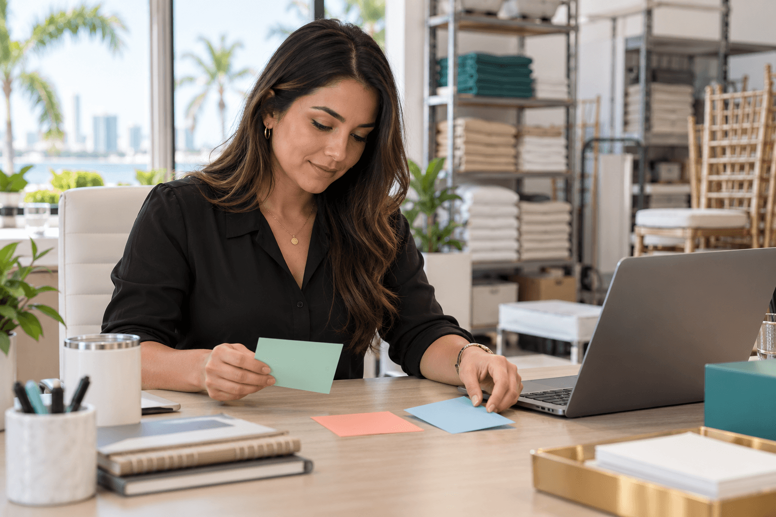 Miami party rental operations coordinator sorting blank quote, order change, and delivery request cards beside a laptop