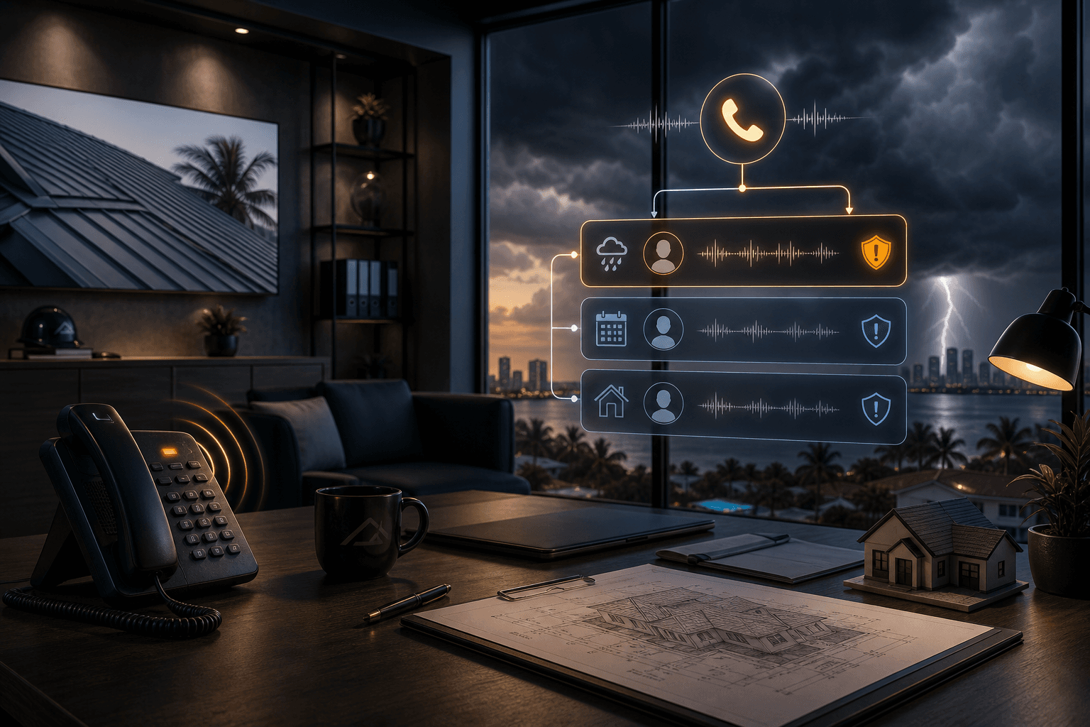 Miami roofing contractor office with AI call routing during a storm