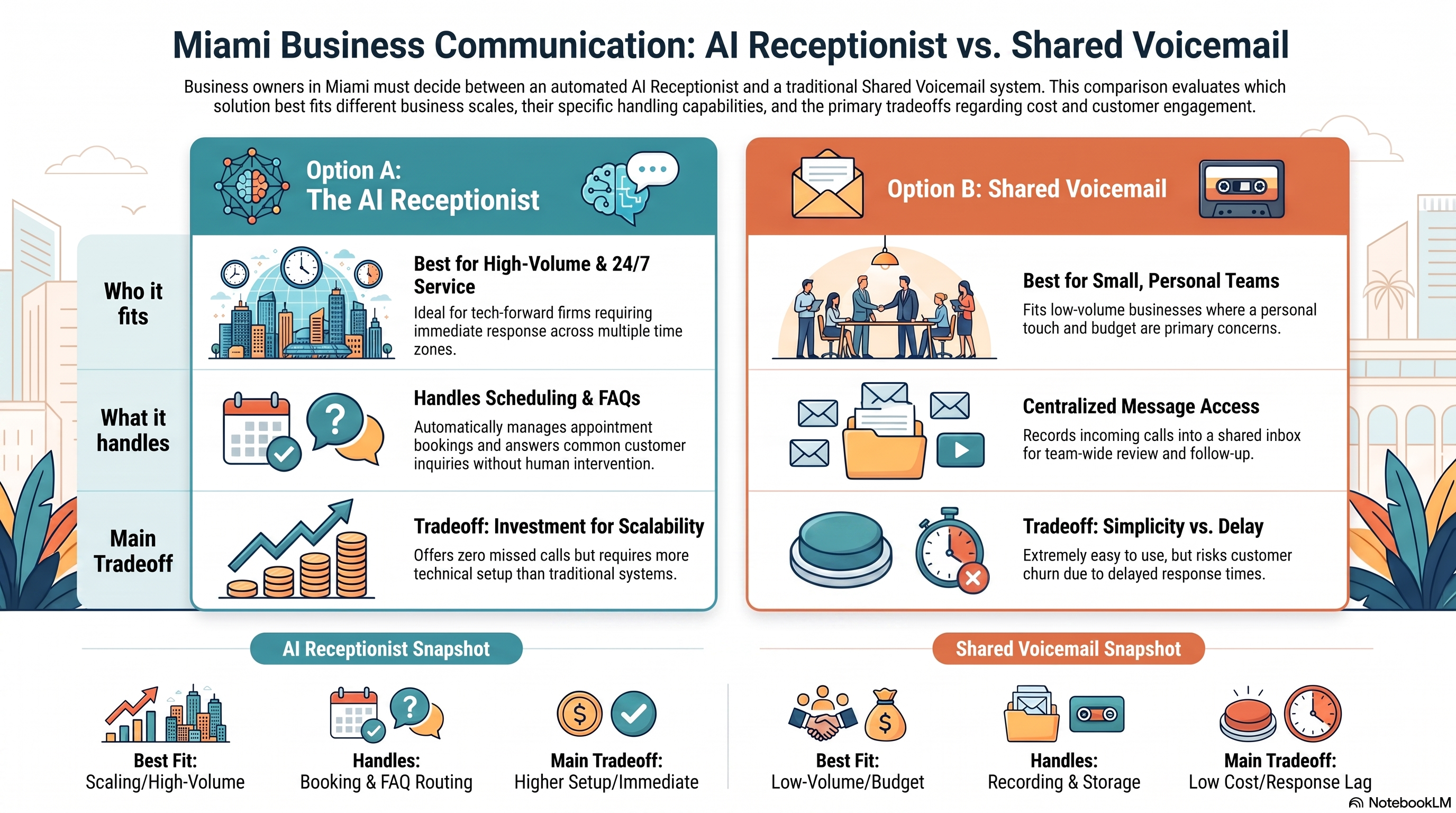 Comparison of AI receptionist and shared voicemail for Miami businesses