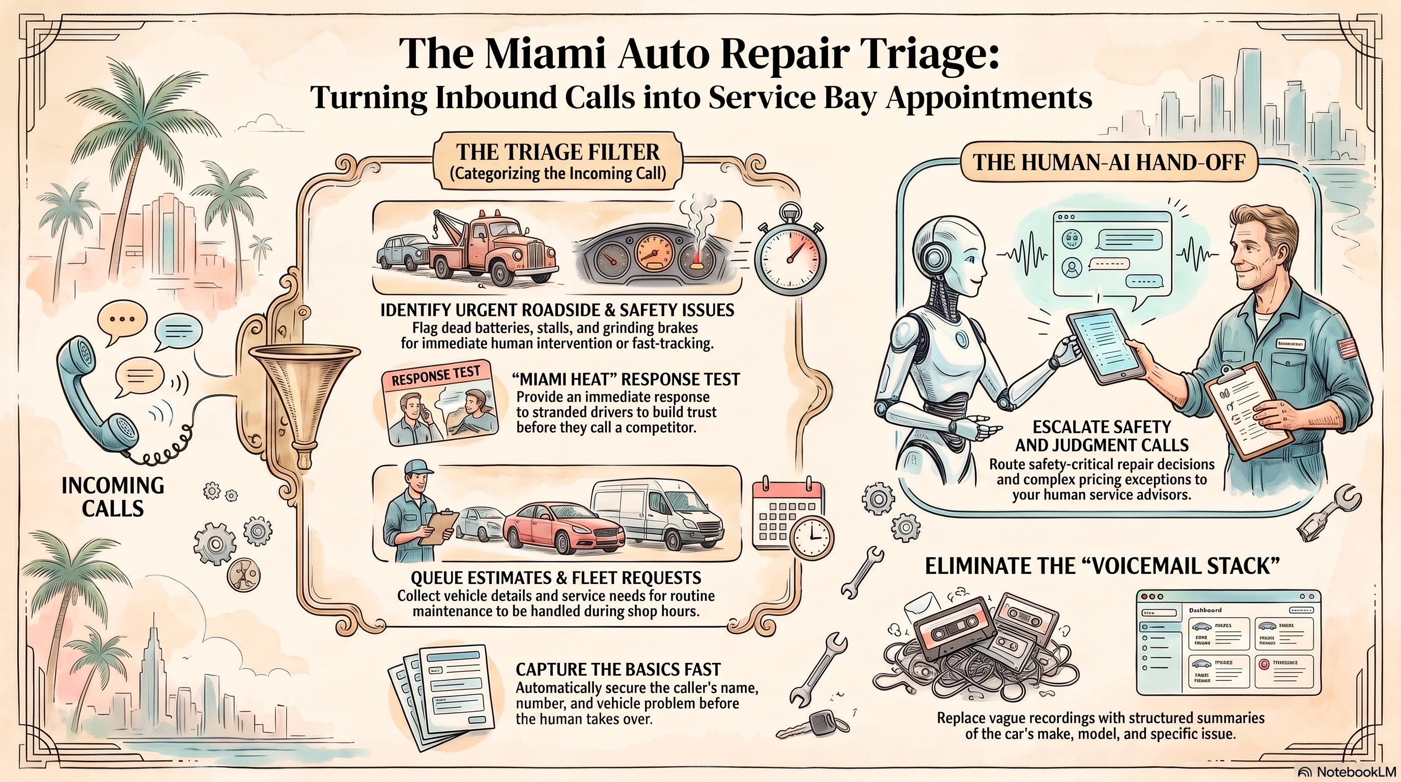 Miami auto repair shop routing tow calls, brake warnings, and estimate requests