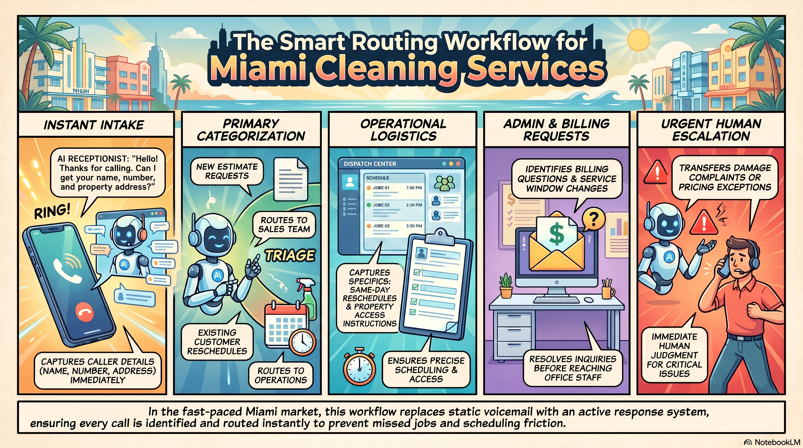 Miami cleaning service routing workflow for estimate requests and same-day reschedules