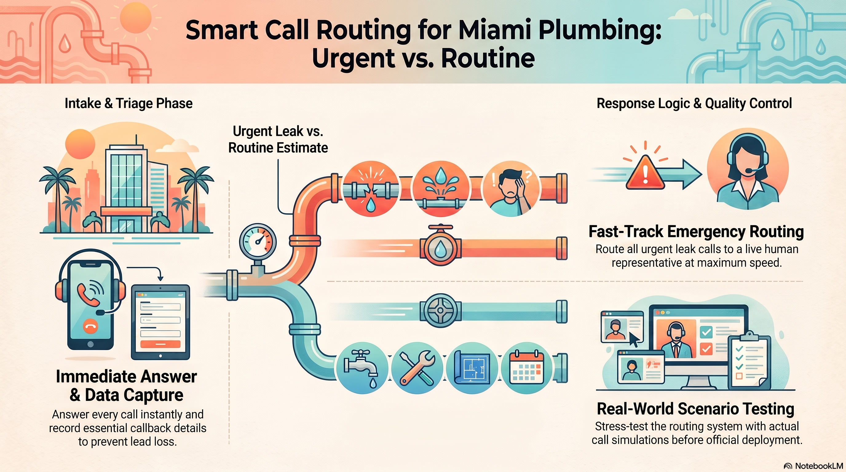 Miami plumbing office routing emergency leak calls and estimate requests